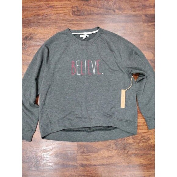 NWT Rae Dunn BELIEVE Drop Shoulder Graphic Sweatshirt Charcoal Heather Womens XL - Picture 2 of 12
